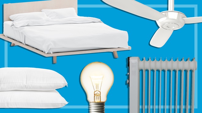 bed_pillows_fan_light_and_heater_on_blue_background